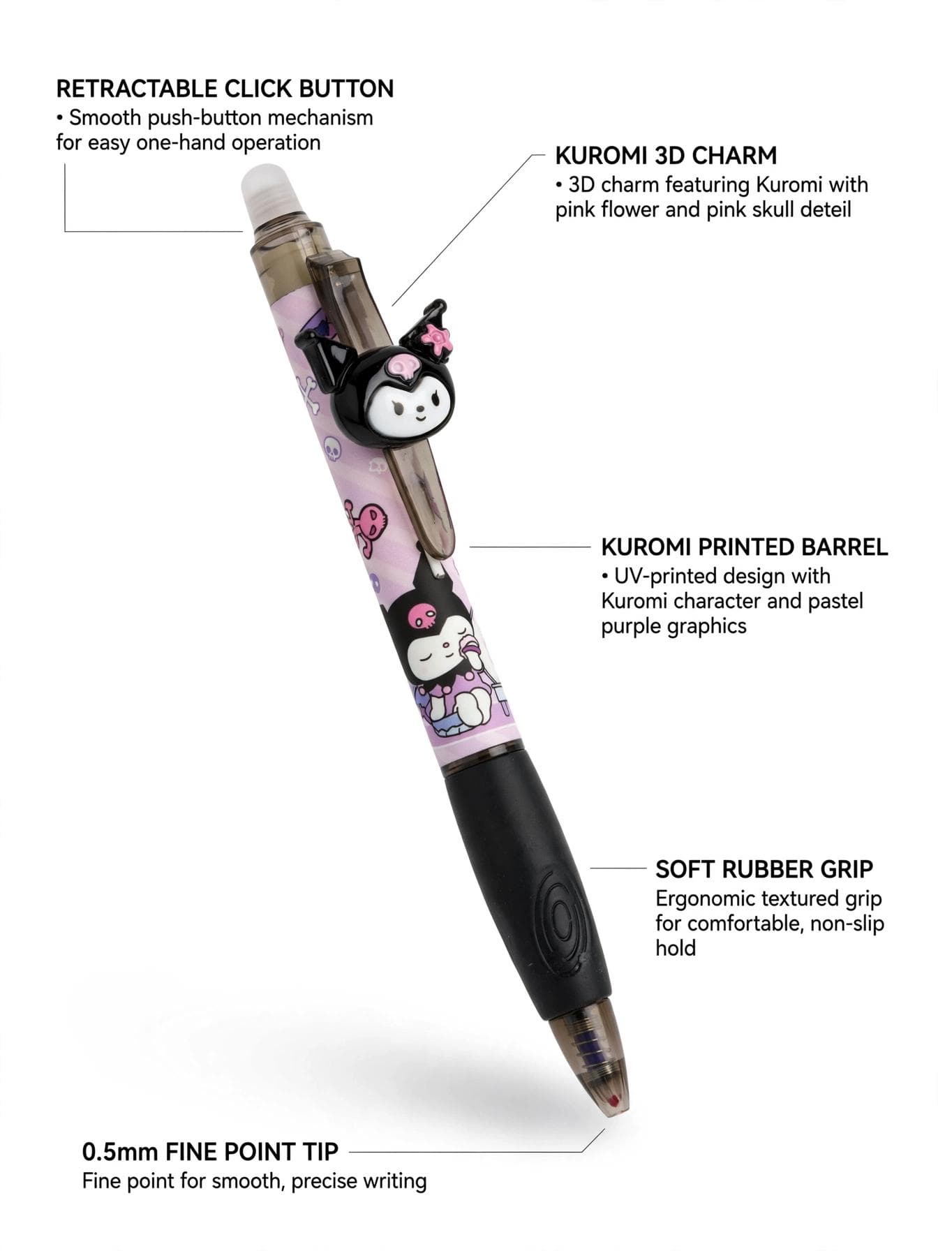 Sanrio Kuromi Flower 3D Clip Erasable Pen - Black