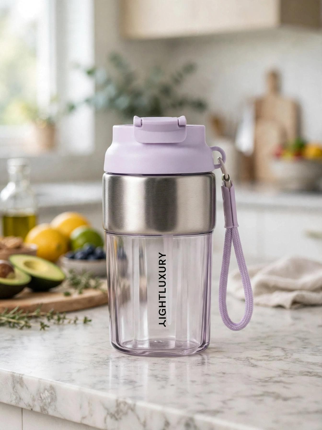 LightLuxury 460ml 2-in-1 Sipper & Non-Sipper Container with Strap - Lavender