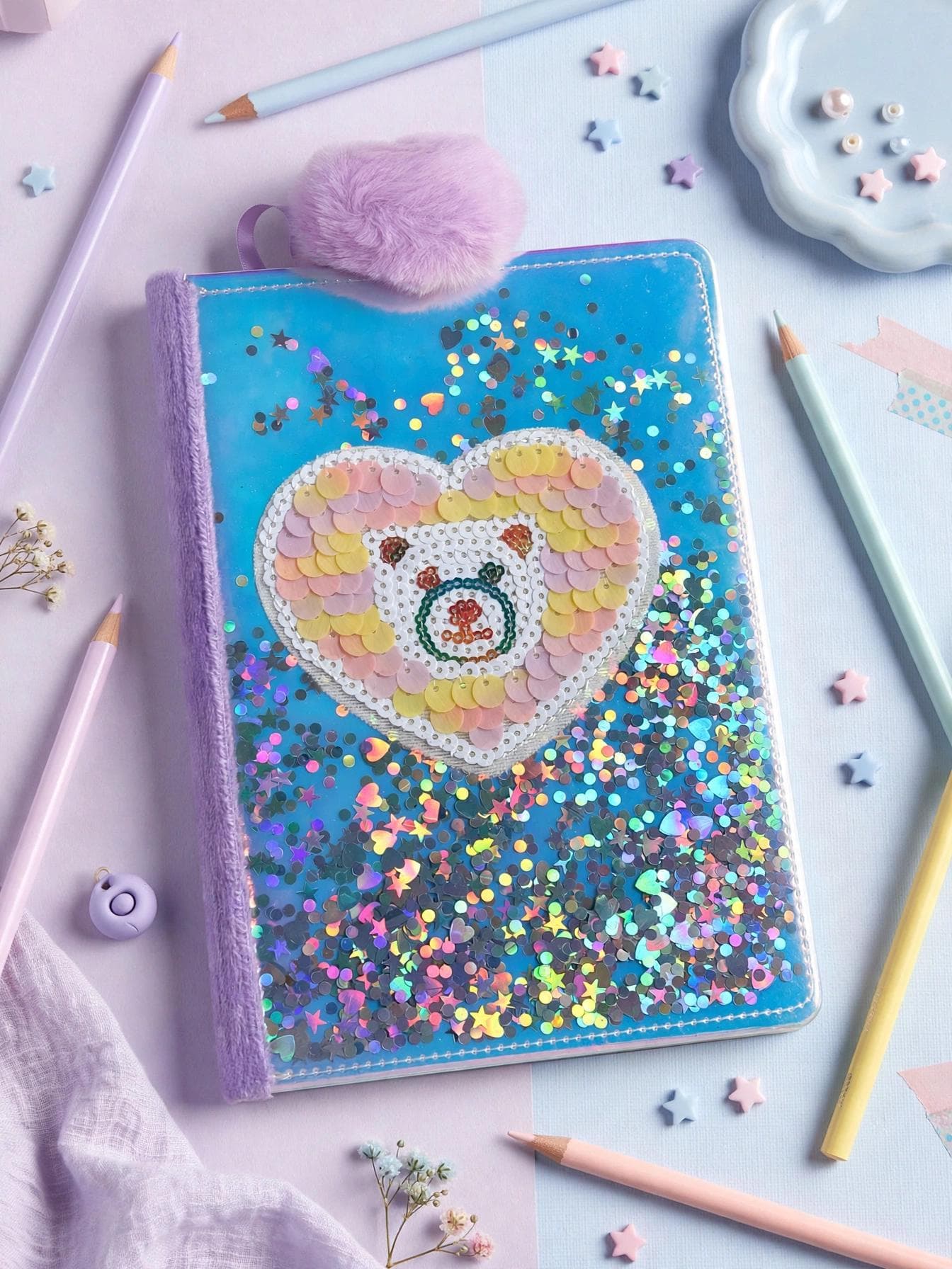Fluffy Blue Shaker Diary with Sequin Heart
