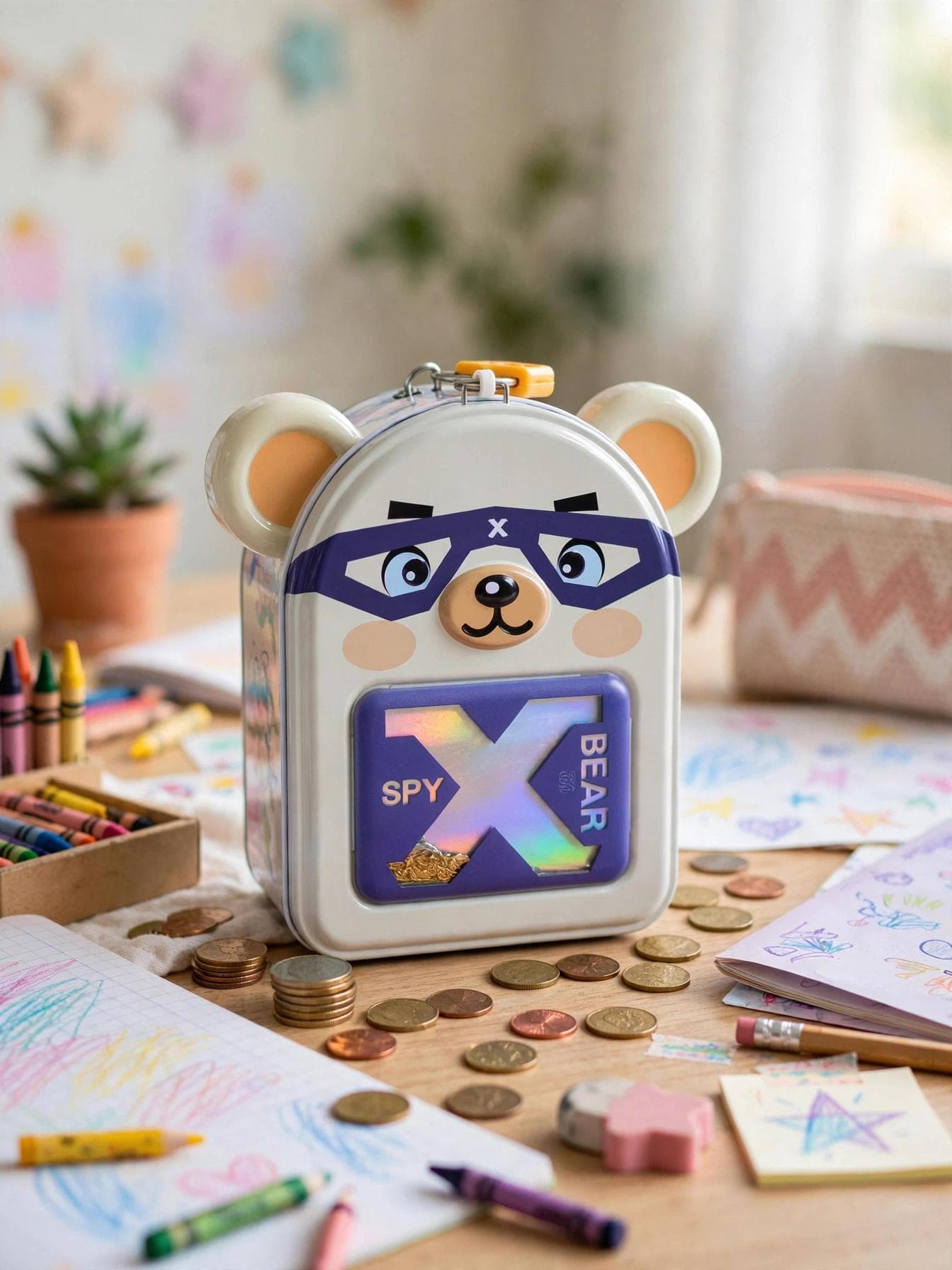 Spy X Bear Metal Piggy Bank with Lock & Key - Cream White