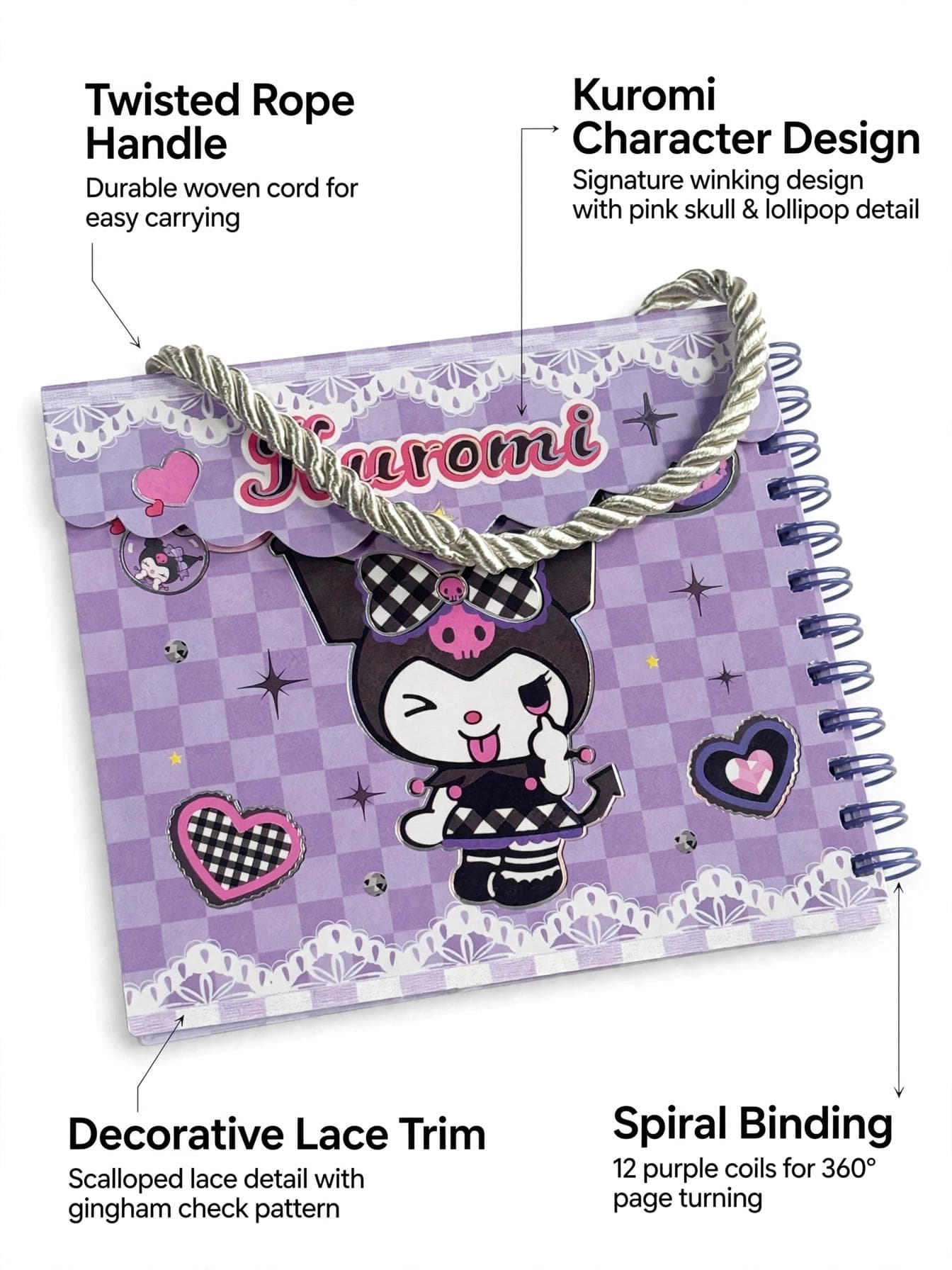 Kuromi Purple Checkered A7 Handbag Shaped Spiral Notebook