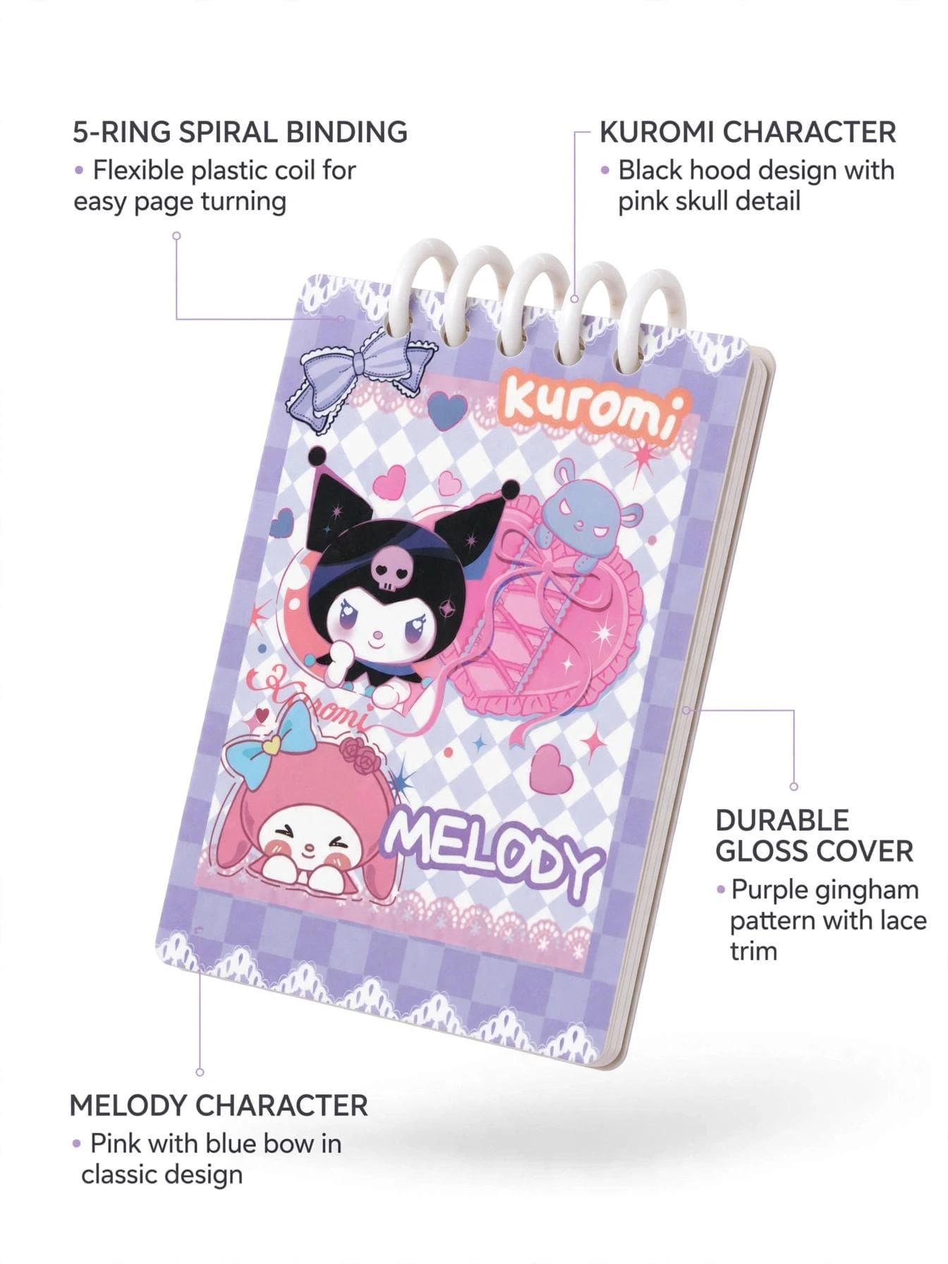 My Melody Kuromi Heart Pocket Spiral Notepad - White Spiral
