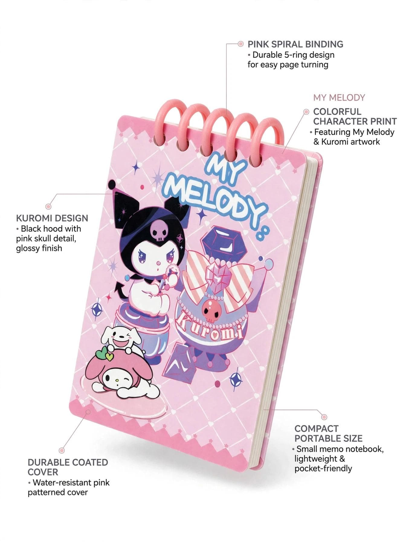 My Melody Kuromi Perfume Pocket Spiral Notepad - Pink Spiral