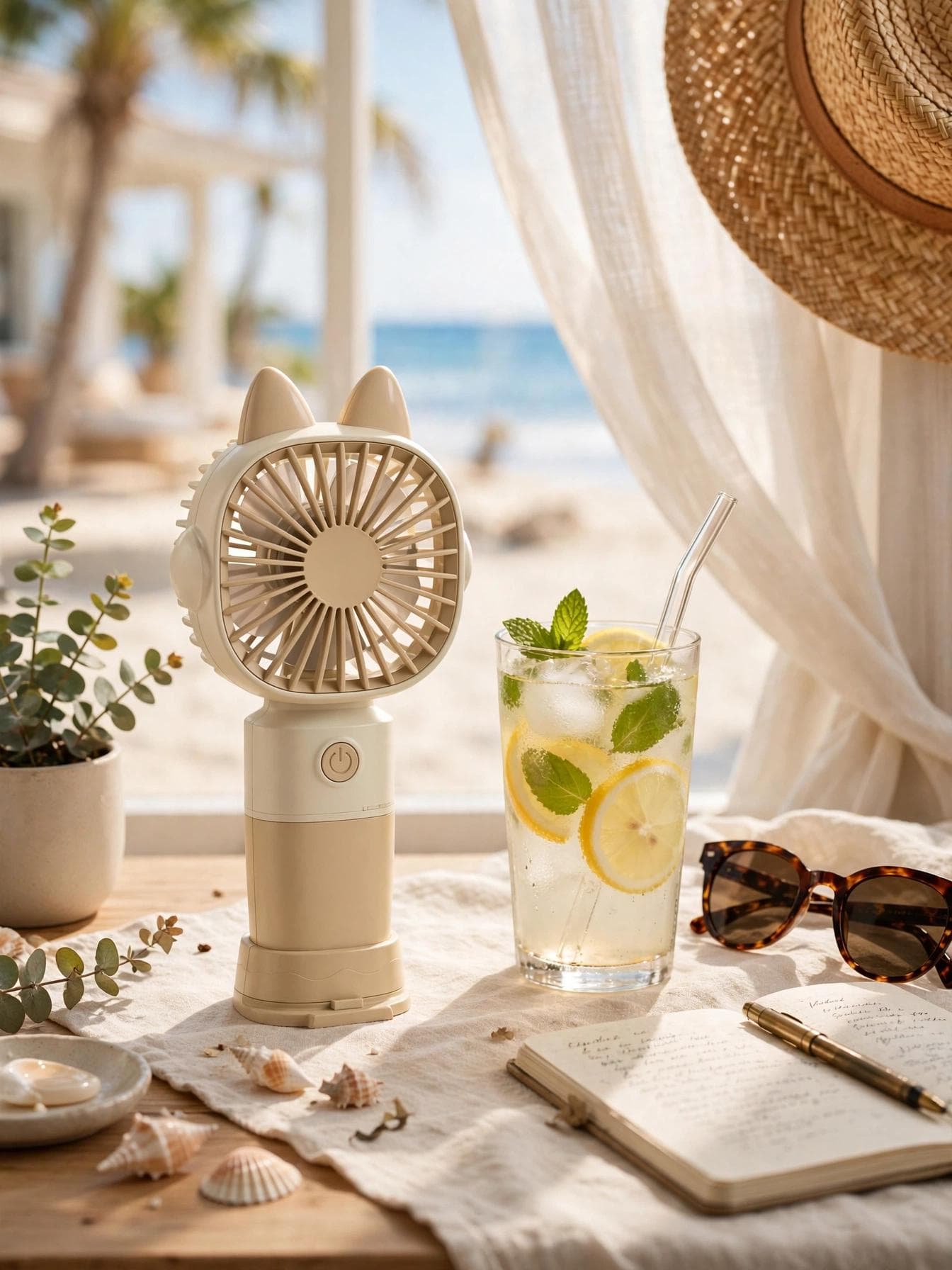 Cute Cat Ear Rechargeable USB Mini Fan - Beige