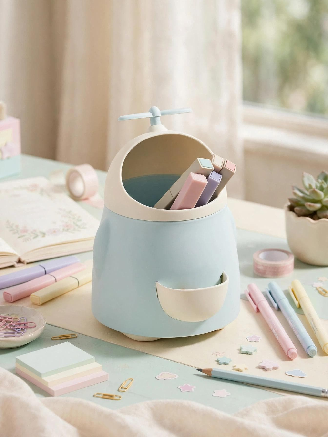 Cute Cartoon Desk Trash Can & Pen Holder - Blue