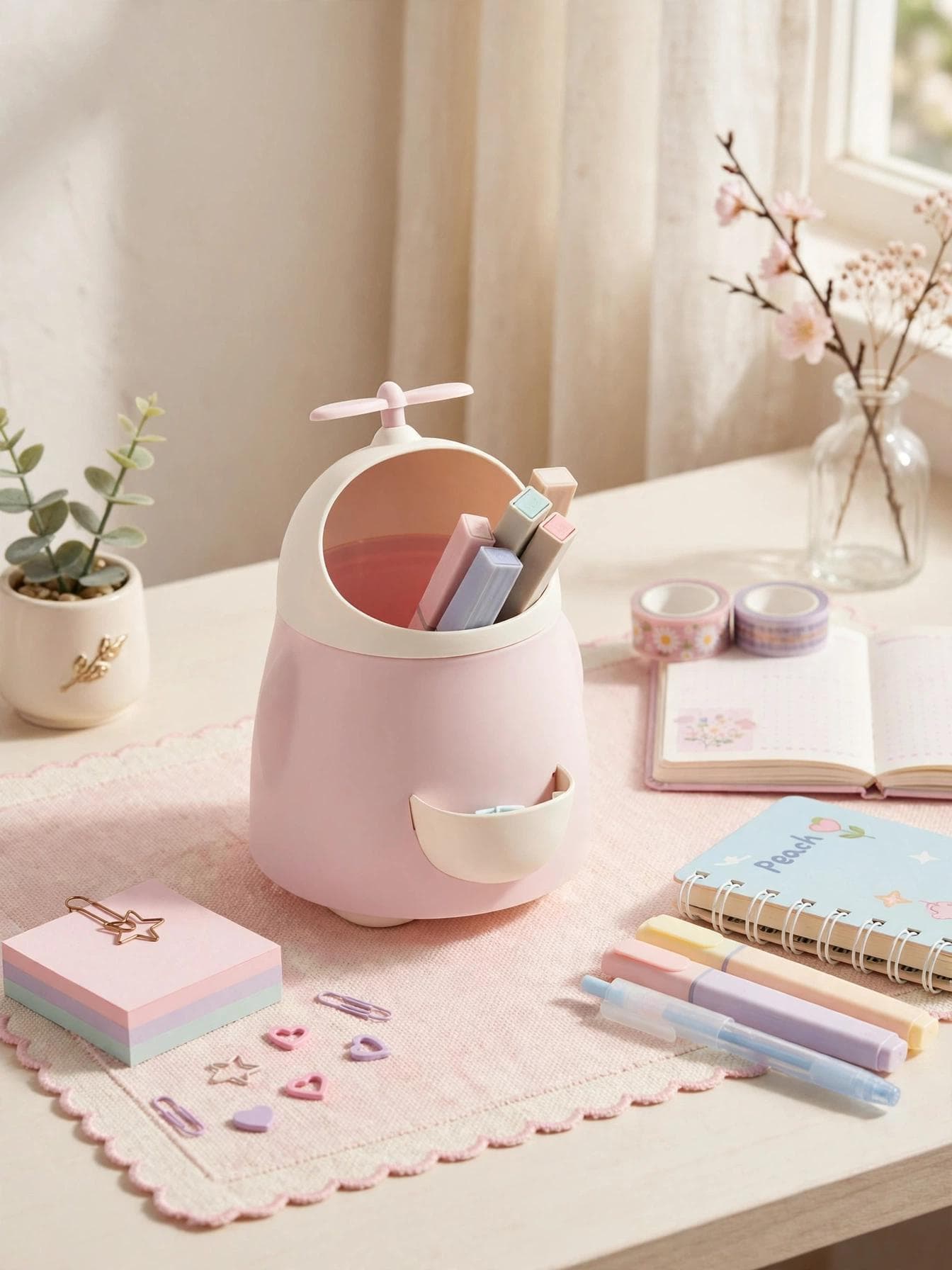 Cute Cartoon Desk Trash Can & Pen Holder - Pink