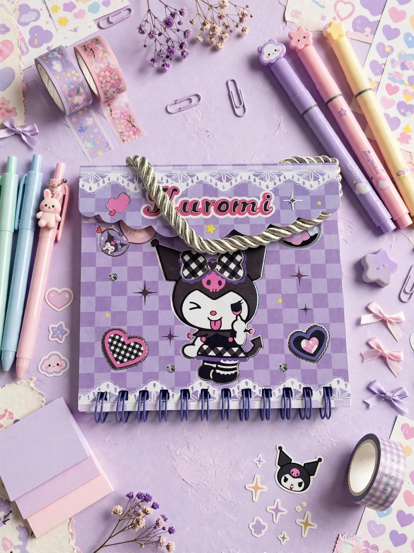Kuromi Purple Checkered A7 Handbag Shaped Spiral Notebook