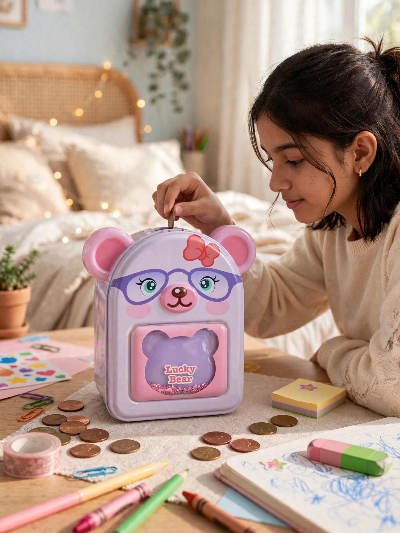 Lucky Bear Metal Piggy Bank with Lock & Key - Lavender Purple