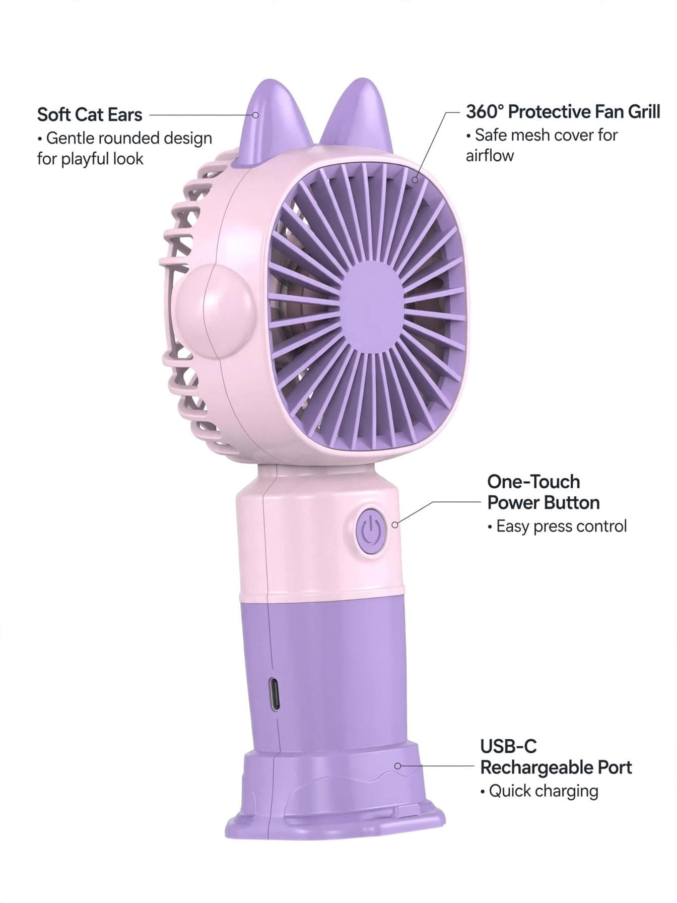 Cute Cat Ear Rechargeable USB Mini Fan - Purple
