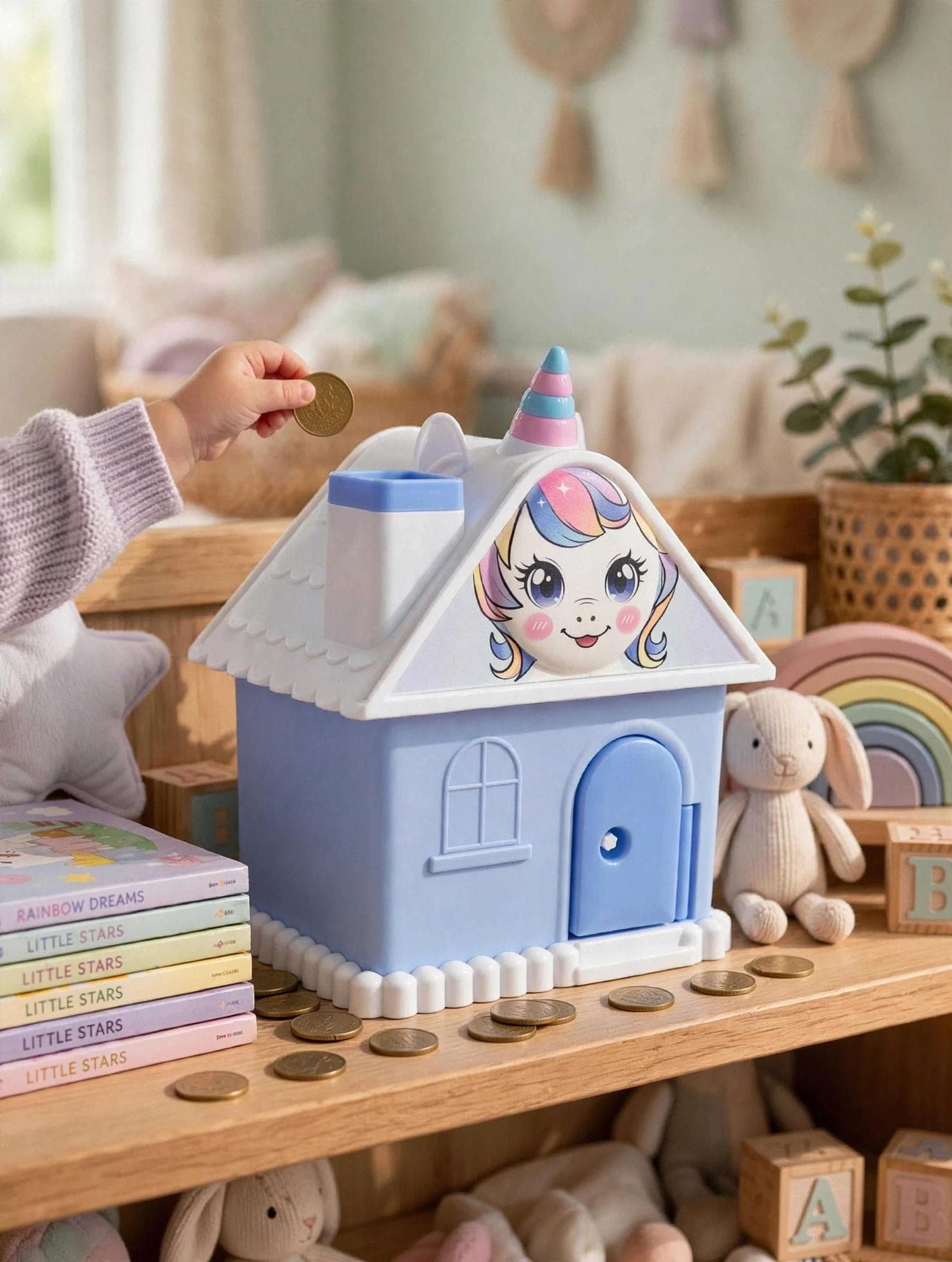 Unicorn House Piggy Bank - Pastel Blue