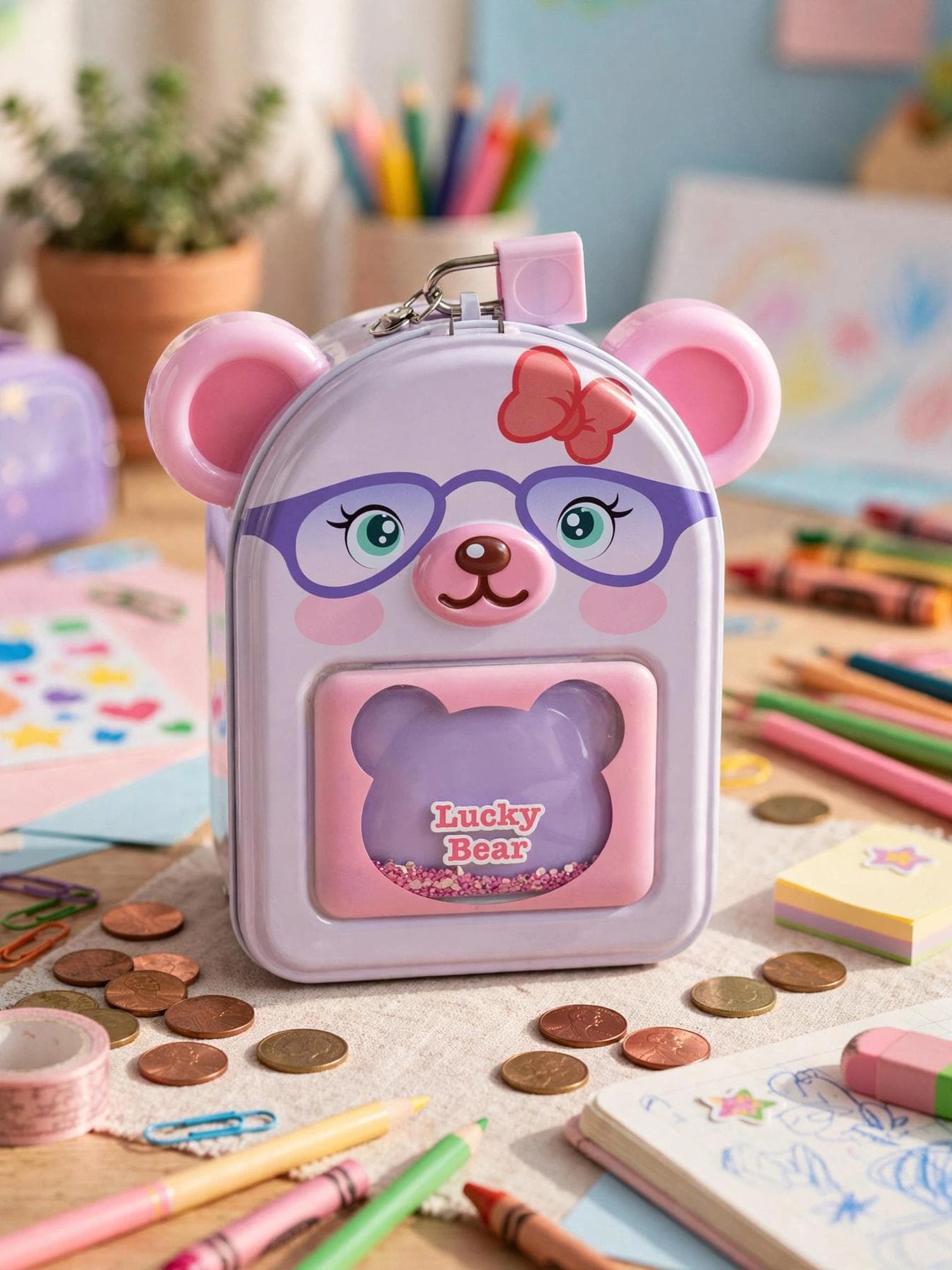Lucky Bear Metal Piggy Bank with Lock & Key - Lavender Purple