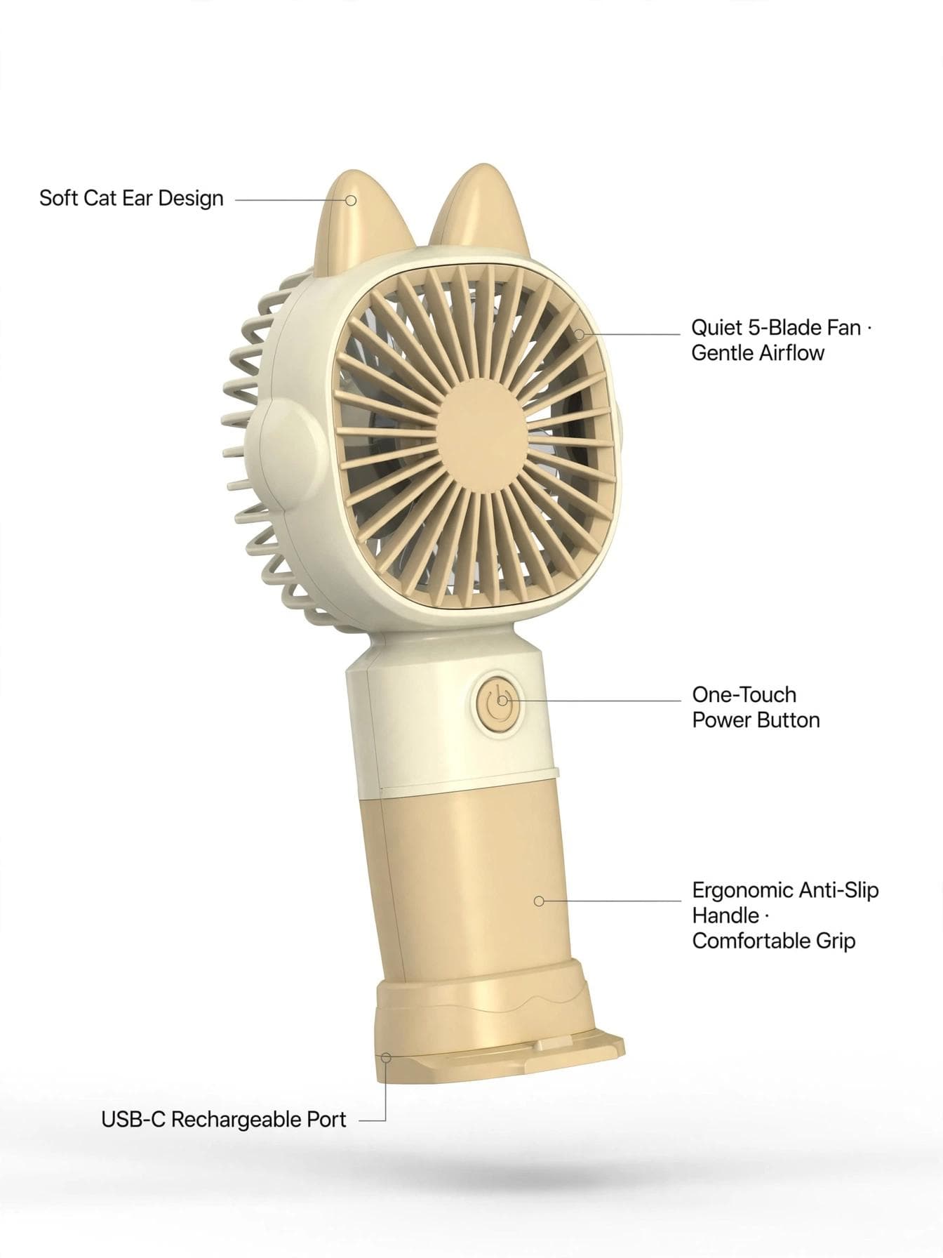 Cute Cat Ear Rechargeable USB Mini Fan - Beige